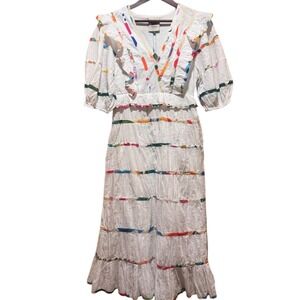 FARM Rio White Tiered Midi Dress Rainbow Stripe‎ Ruffle V Neck Ladies XS